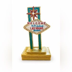 Las Vegas Welcome Sign Trinket Box Enamel Bejeweled Gold Tone Souvenir NIB